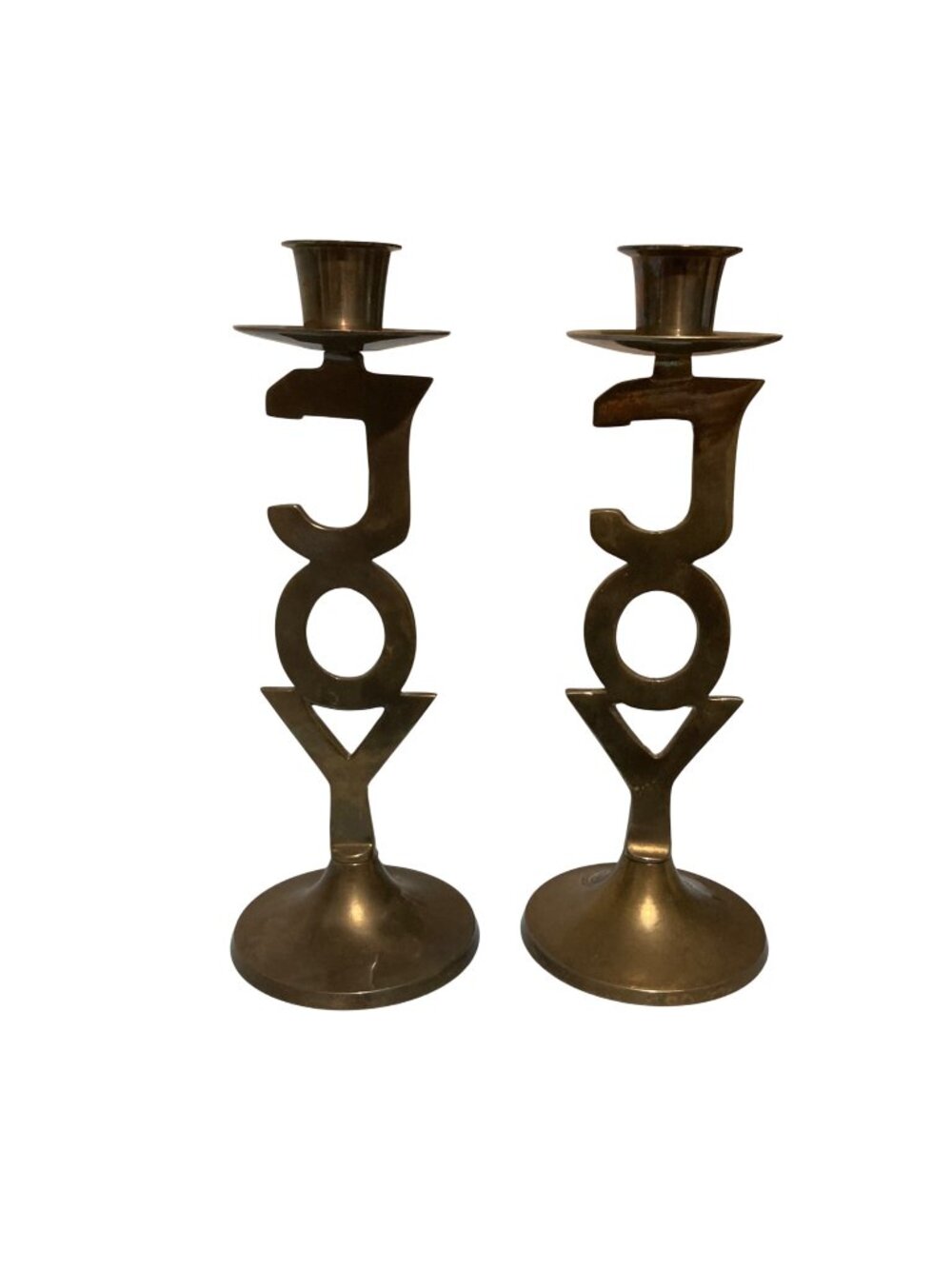 Vintage Christmas Solid Brass JOY Candle Candlestick Holders